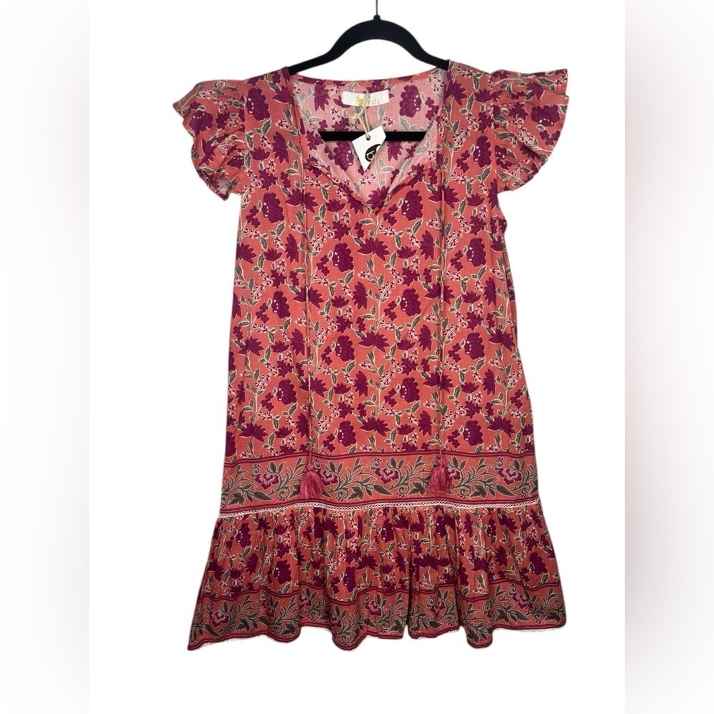 NEW Bindu Pink Floral Cotton Cap Sleeve Mini Dress Tassels Size XS